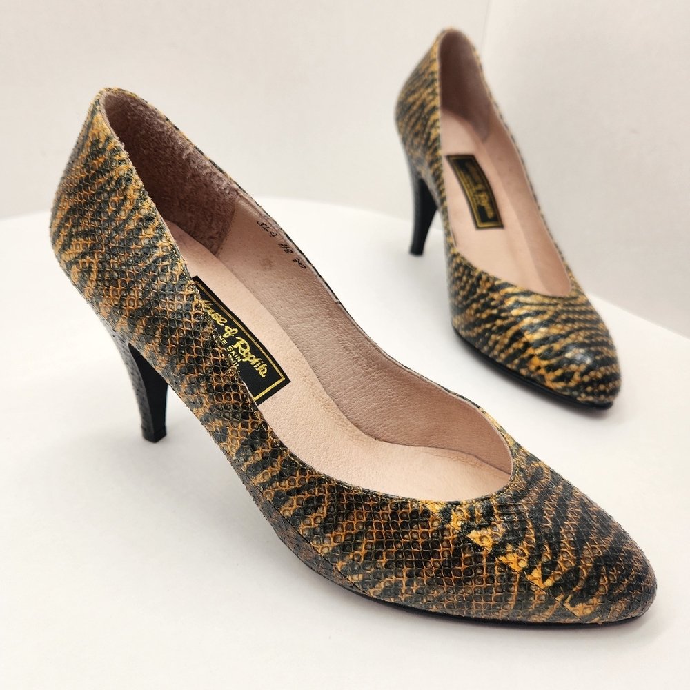 Vintage 90s pumps women's 5.5 black yellow reptile skin pointed toe Made in Phil